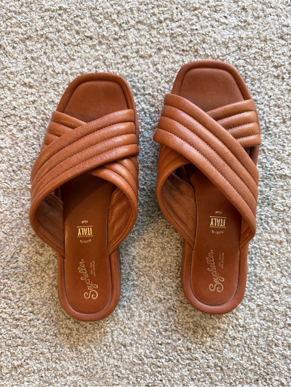 Seychelles Tan Quilted Crossband Slide Sandals
